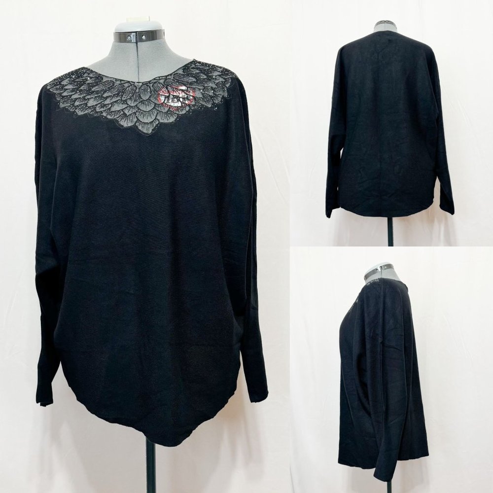 Oliver.O NWT  Sz 2X Black Dolman  Lace Neckline Sweater